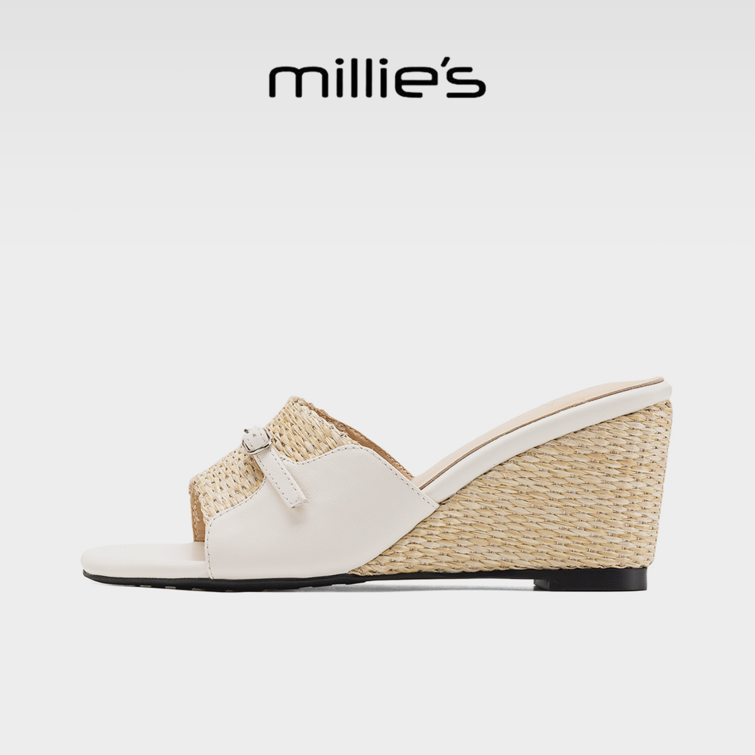 MILLIE'S/妙丽时尚外穿一字拖女夏新款好看编织皮带扣坡跟凉拖鞋G