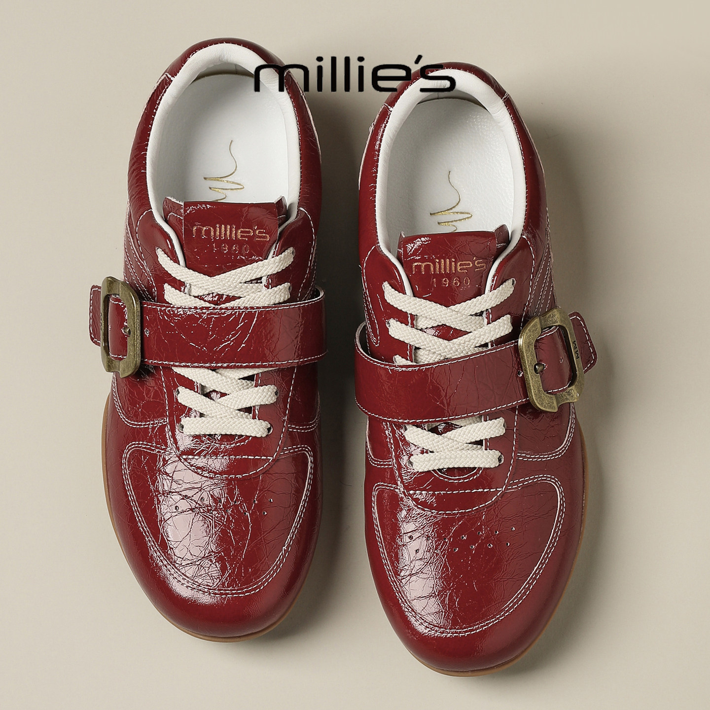 MILLIE'S/妙丽2025新款皮带扣系带复古德训鞋女红色铆钉扣休闲鞋,女鞋,勃肯鞋/软木鞋,淘宝优惠券,粉丝福利购,淘宝优惠卷