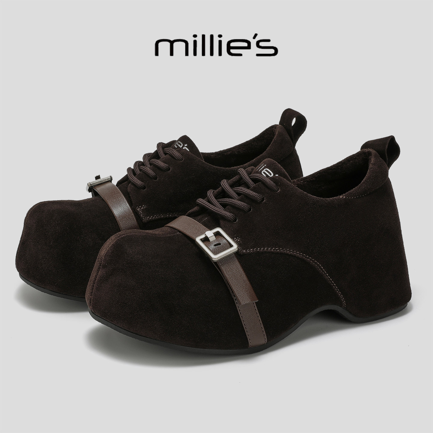 MILLIE'S/妙丽新款时尚百搭女士德训鞋厚底增高加绒复古旅游鞋