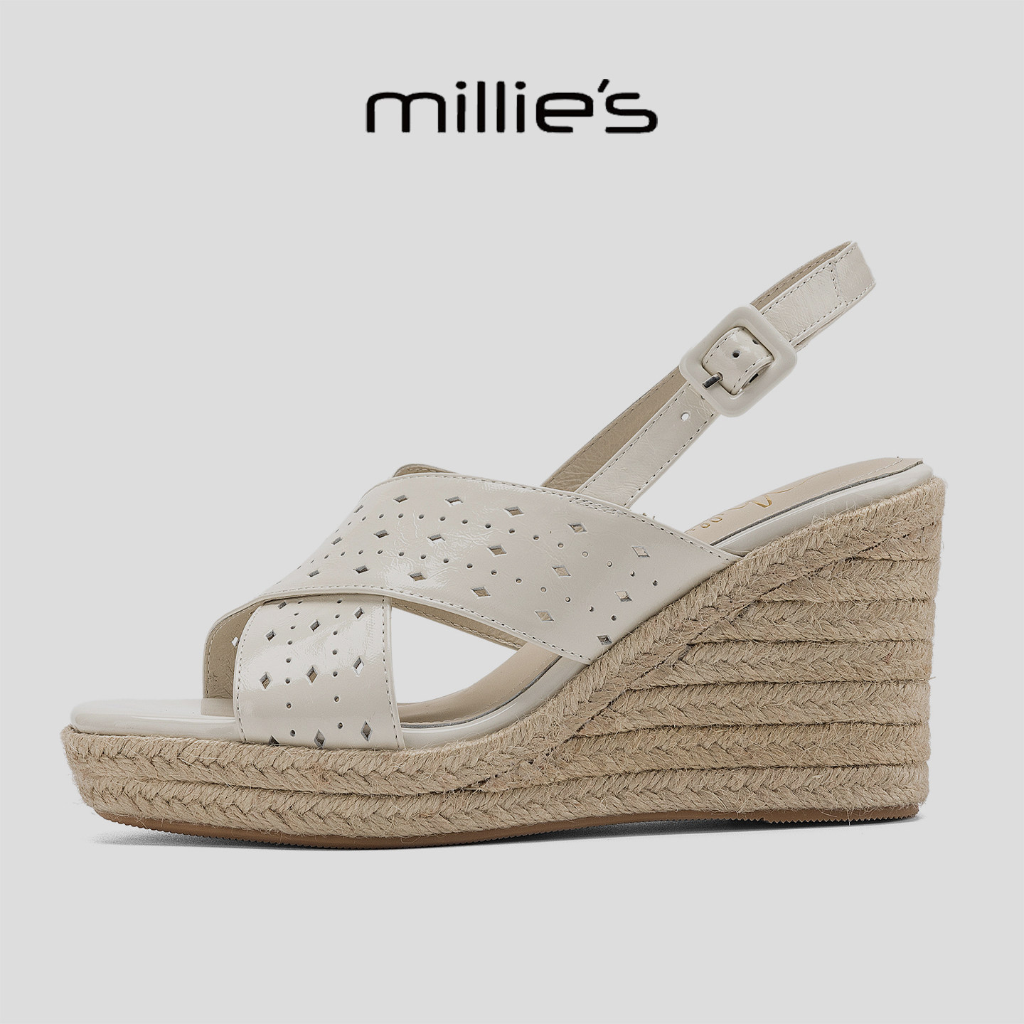 MILLIE'S/妙丽坡跟草编凉鞋女交叉带镂空后绊带舒适显高坡跟鞋