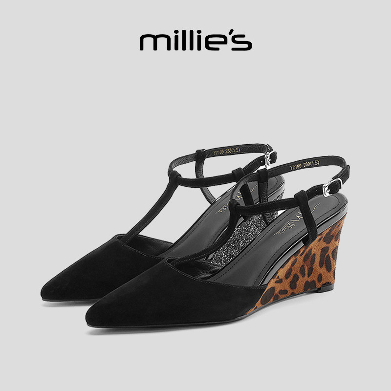 MILLIE'S/妙丽尖头坡跟豹纹性感辣妹风格轻便潮酷时尚百搭凉鞋