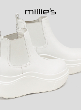 MILLIE'S/妙丽显瘦短靴2025新款厚底加绒保暖白色厚底增高雪地靴2