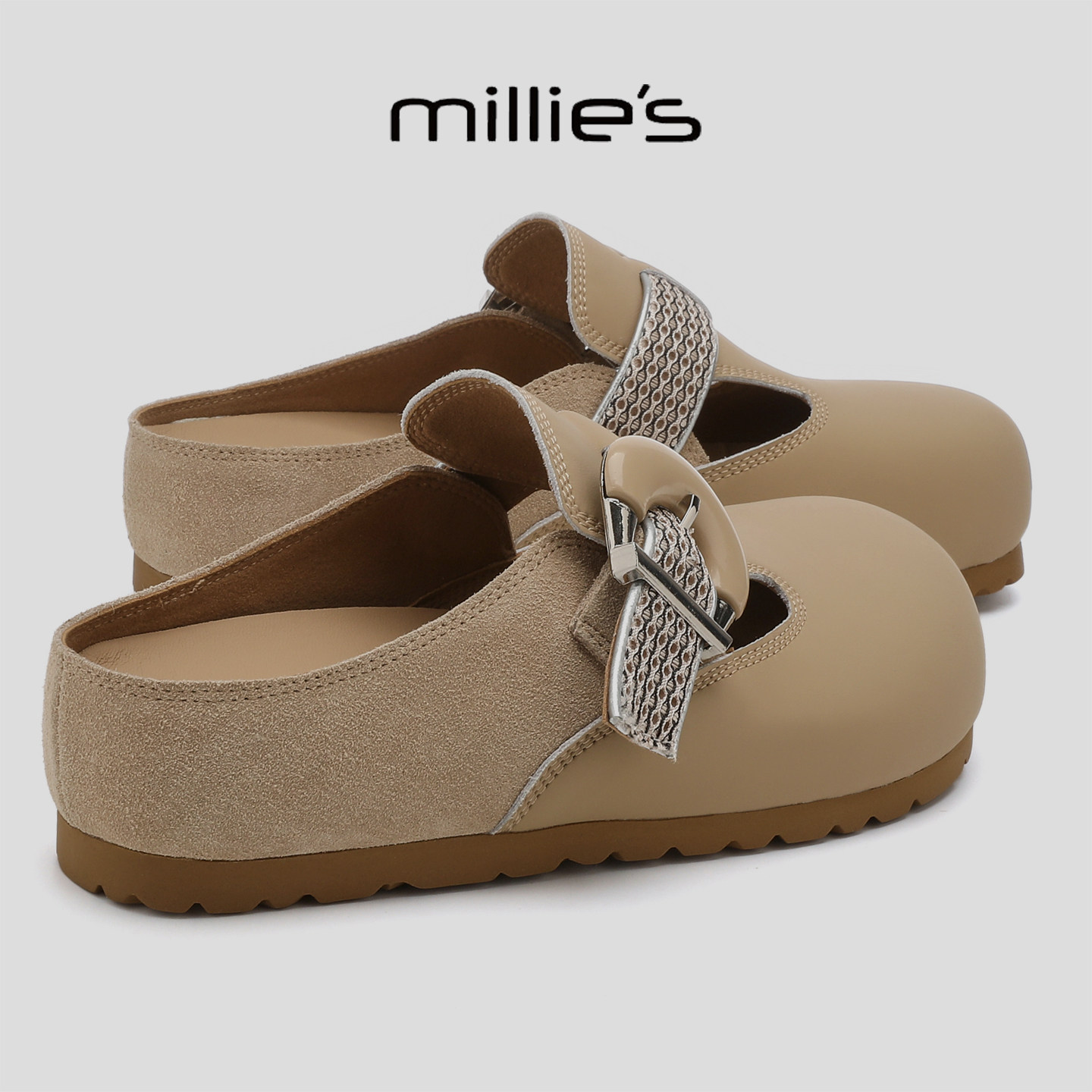 MILLIE'S/妙丽时尚水钻勃肯鞋女真皮复古包头一脚蹬平底鞋懒人鞋,女鞋,勃肯鞋/软木鞋,淘宝优惠券,粉丝福利购,淘宝优惠卷