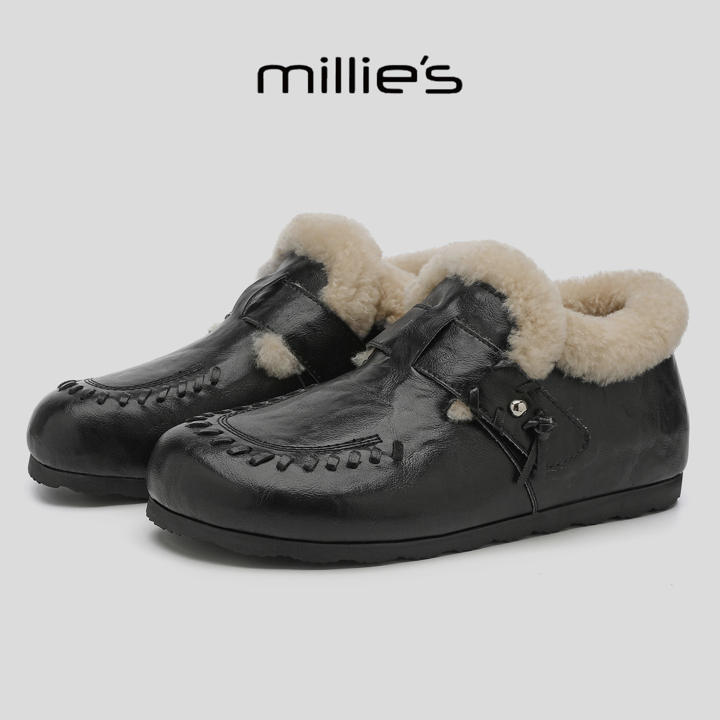 MILLIE'S/妙丽2025新款复古加绒全包跟真皮勃肯鞋时尚毛毛乐福鞋,女鞋,时尚休闲鞋,淘宝优惠券,粉丝福利购,淘宝优惠卷