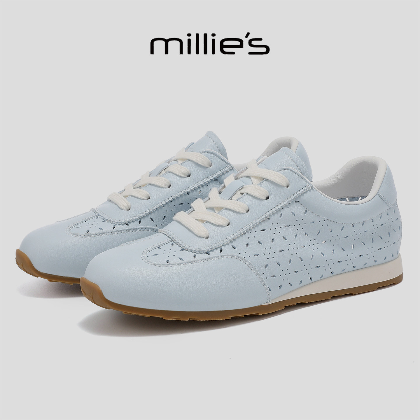 MILLIE'S/妙丽复古镂空蓝色德训鞋女平底透气百搭软底休闲跑步鞋,女鞋,勃肯鞋/软木鞋,淘宝优惠券,粉丝福利购,淘宝优惠卷