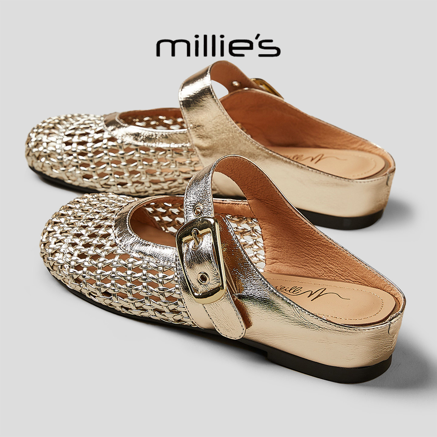 MILLIE'S/妙丽2026新款镂空编织包头半拖鞋女平底休闲鞋