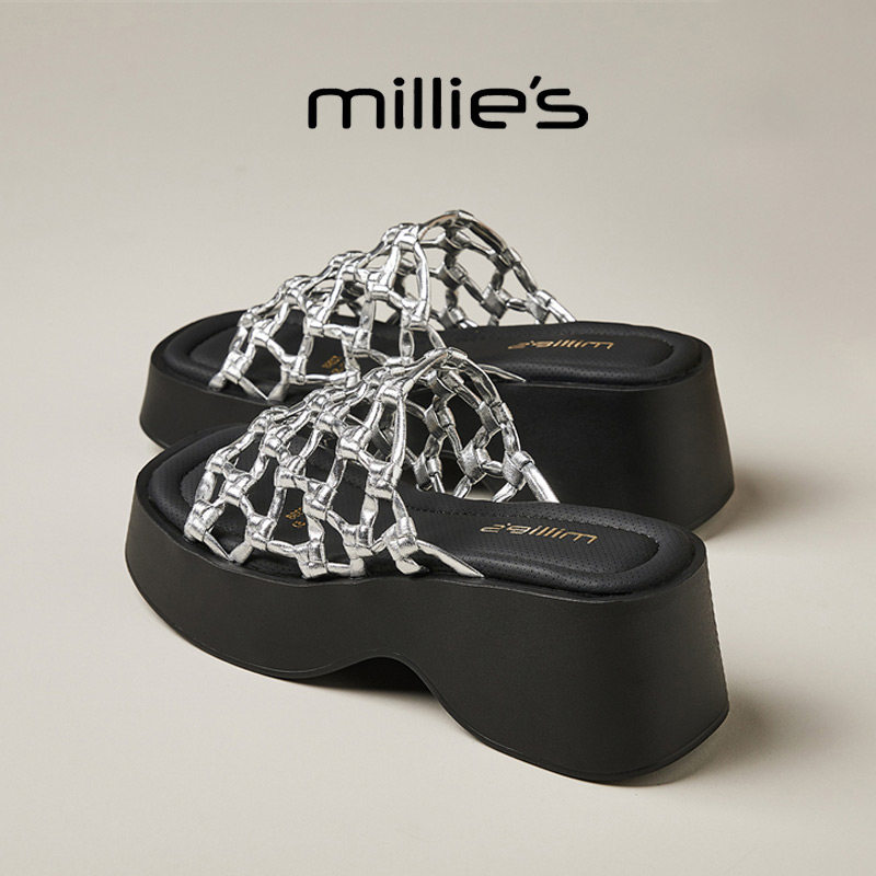 MILLIE'S/妙丽厚底松糕编织镂空设计感时尚休闲百搭一字拖鞋女鞋
