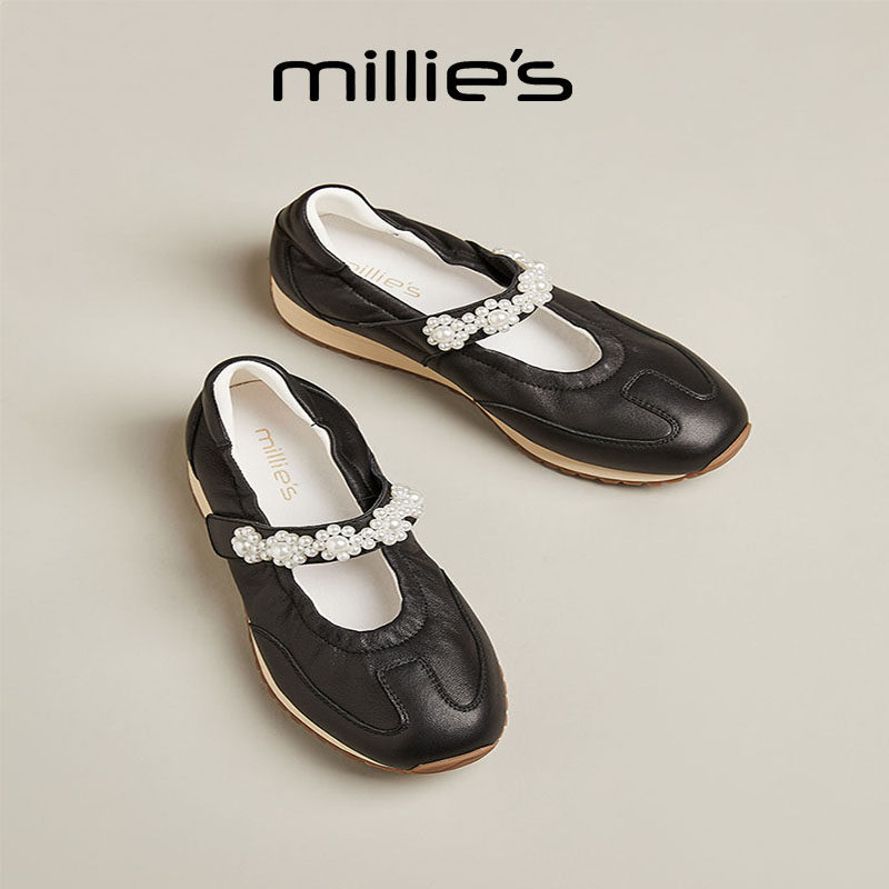 MILLIE'S/妙丽圆头平底复古黑色个性十足潮流时尚休闲罗马凉鞋女