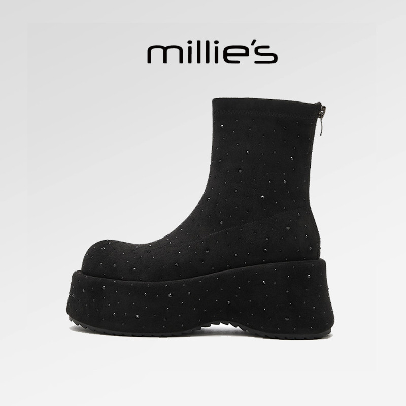 millies妙丽靴子加绒厚底增高7.5CM小个子设计感磨砂水钻短靴冬季