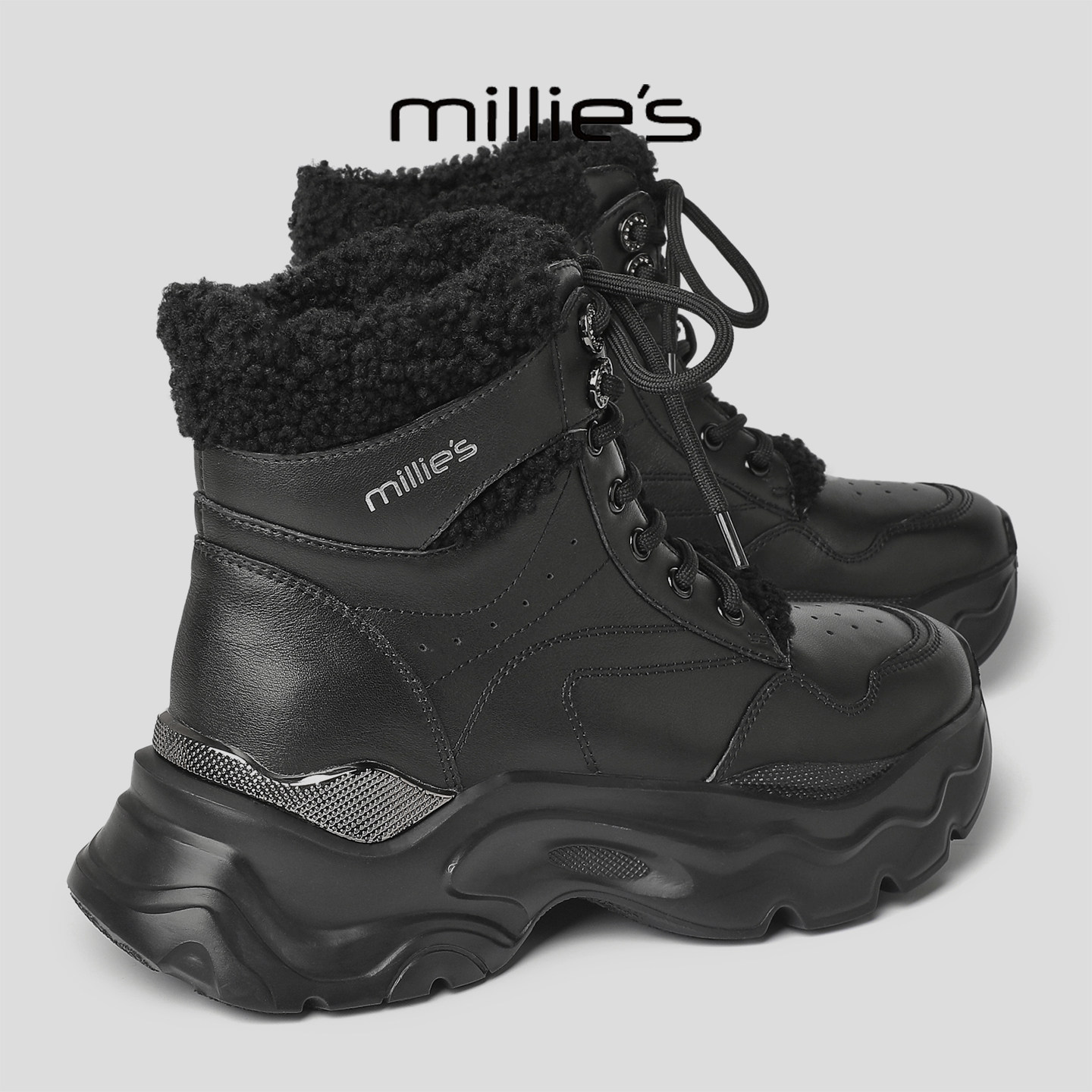 MILLIE'S/妙丽新款英伦风加绒保暖短靴防滑白色系带毛毛雪地靴