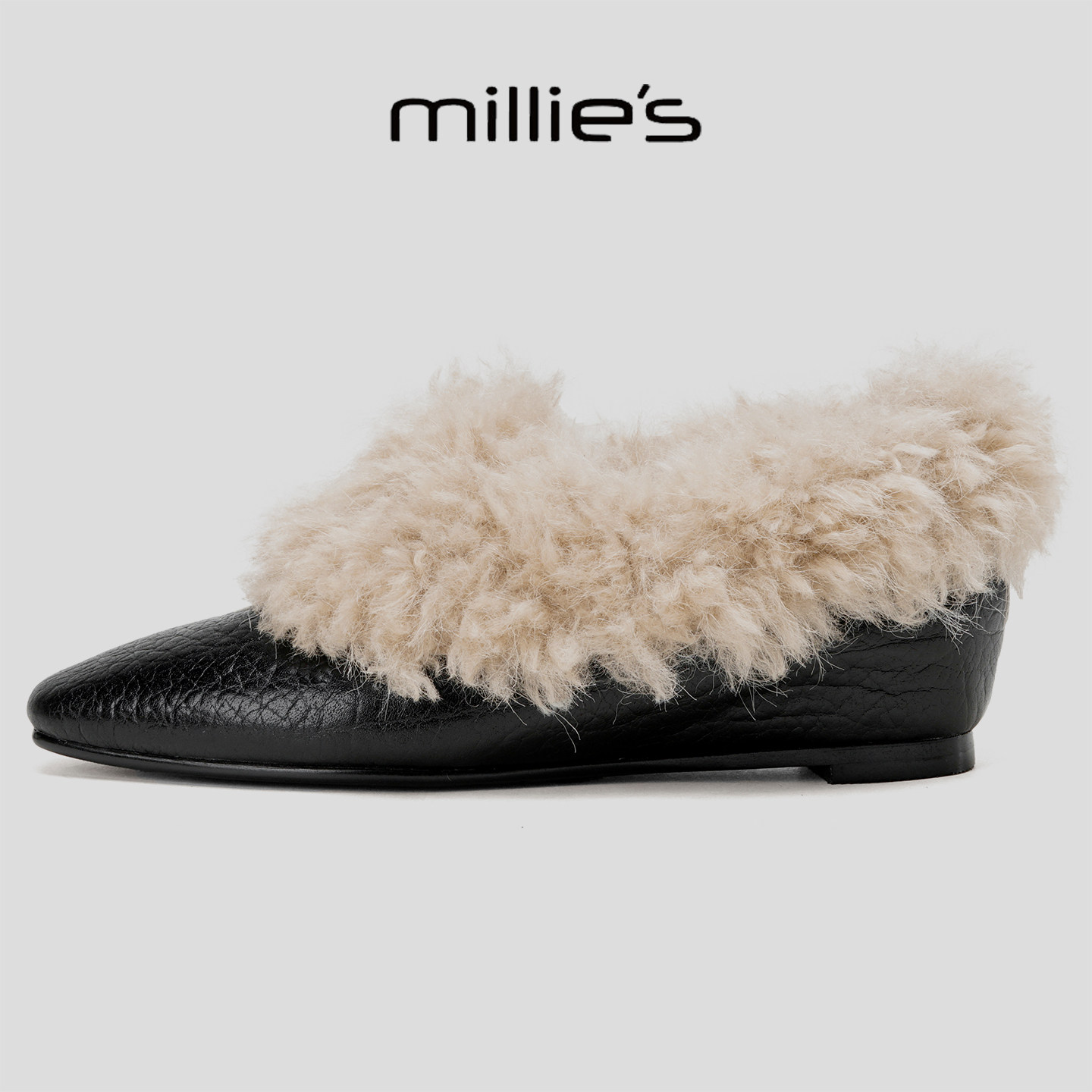 MILLIE'S/妙丽2025新款加绒保暖小皮鞋羊羔毛毛鞋女时尚方头单鞋,女鞋,勃肯鞋/软木鞋,淘宝优惠券,粉丝福利购,淘宝优惠卷