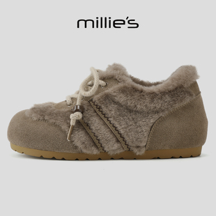 MILLIE'S/妙丽2025新款棉鞋加绒保暖勃肯鞋女士平底不累脚毛毛鞋
