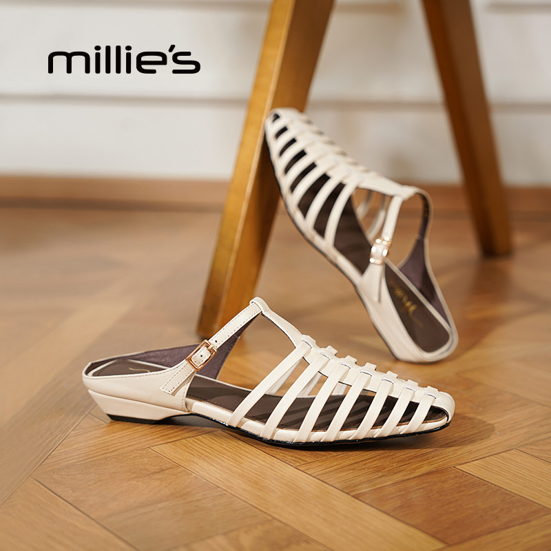 MILLIE'S/妙丽方头平底2026夏季小个子显高时尚休闲罗马凉鞋女