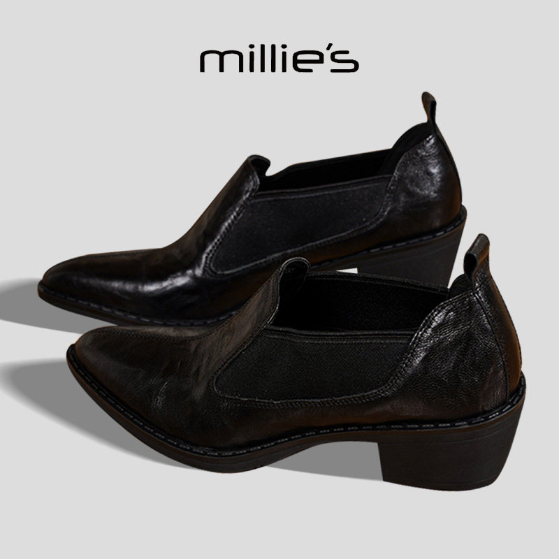 MILLIE'S/妙丽2026春季新款粗跟增高乐福鞋小个子复古百搭皮鞋女