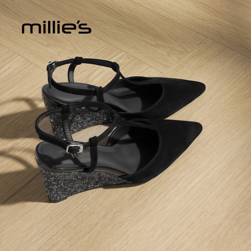 MILLIE'S/妙丽尖头坡跟黑色韩版水钻绝美豹纹个性时尚浅口单鞋