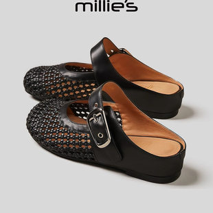 MILLIE'S/妙丽圆头平底日常通勤 黑色网状编织百搭休闲穆勒鞋女