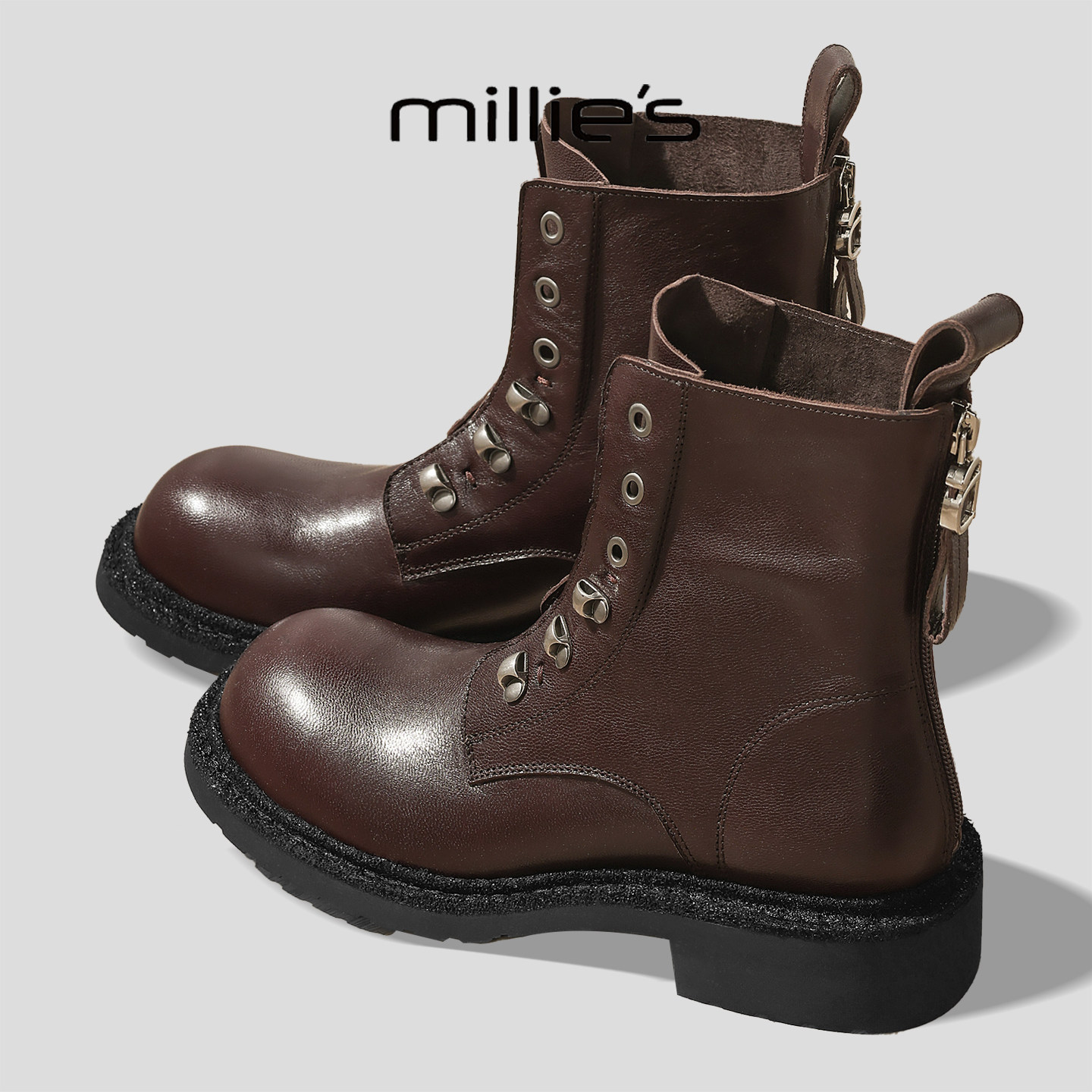 MILLIE'S/妙丽2025新款厚底侧拉链机车马丁短靴女显瘦短筒骑士靴Q