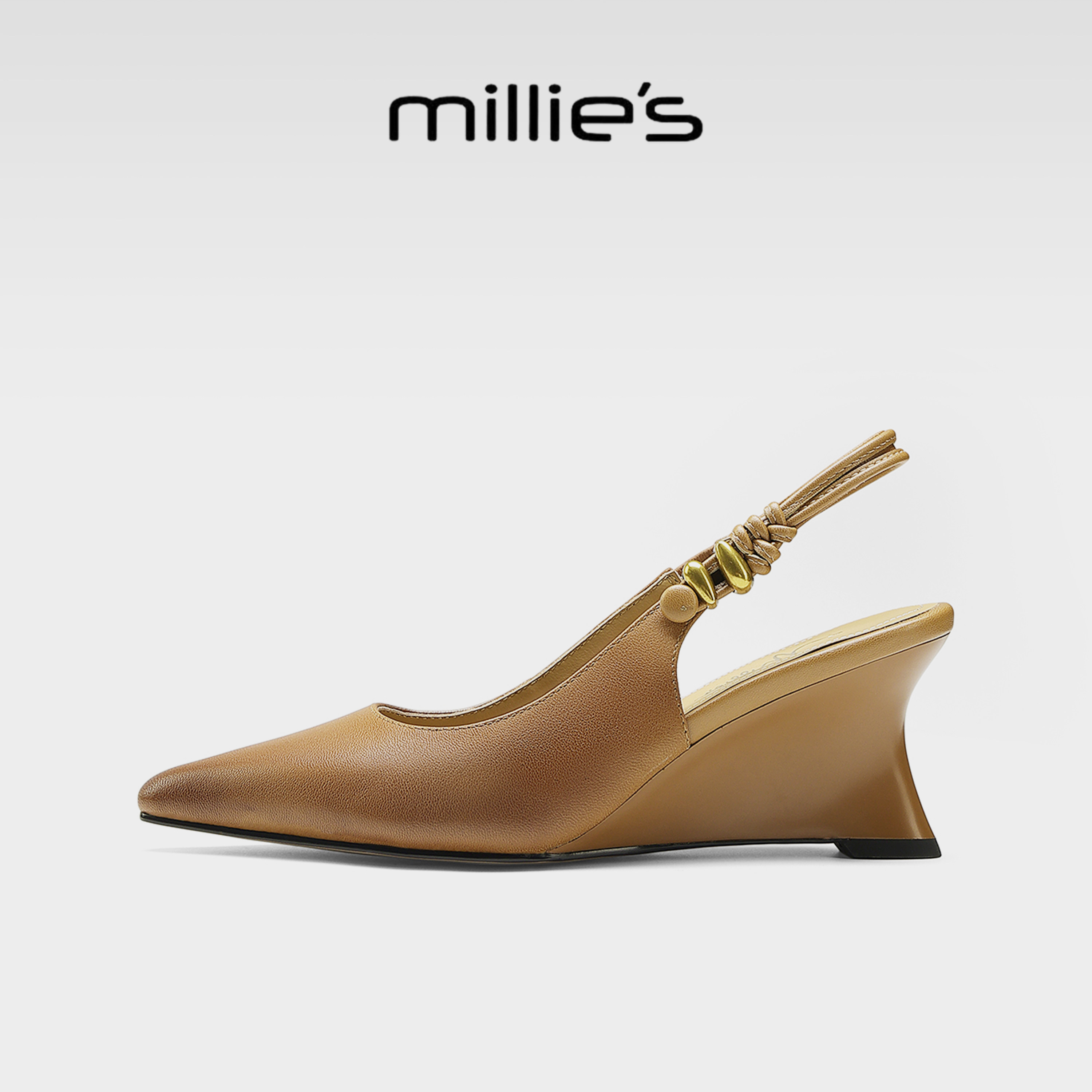 MILLIE'S/妙丽2026新复古风包头凉鞋女夏真皮尖头坡跟绑带露跟鞋G