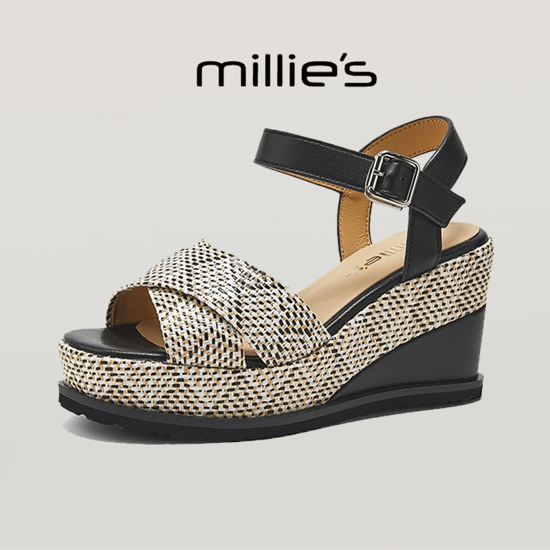 MILLIE'S/妙丽优雅一字带坡跟凉鞋女夏季编织厚底增高鞋不累脚