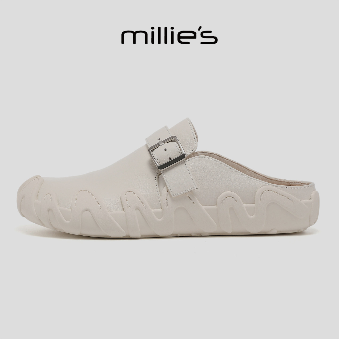 MILLIE'S/妙丽勃肯鞋女米白色皮带扣一脚蹬软底包头穆勒鞋新款G