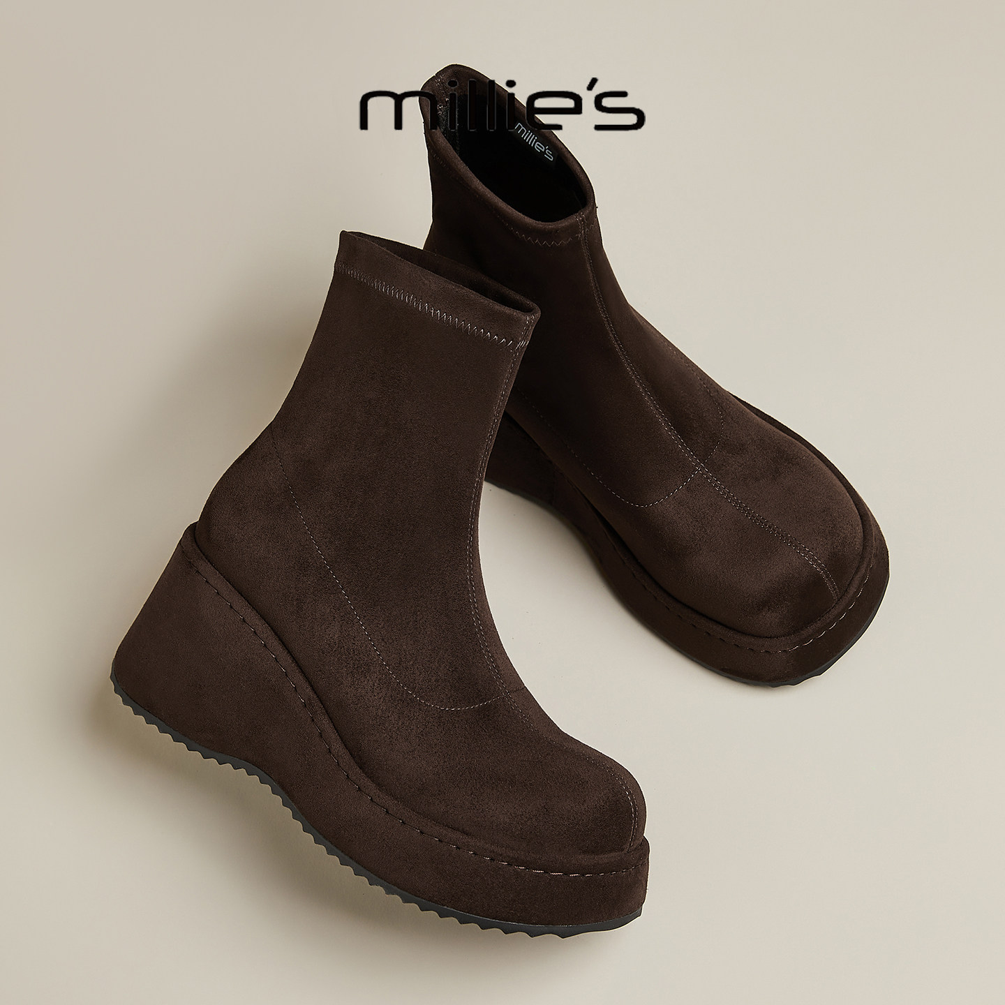 MILLIE'S/妙丽时尚厚底弹力马丁靴潮小个子英伦复古新款坡跟短靴