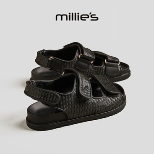 MILLIE'S/妙丽露趾平底魔术贴设计小香风草编轻便时尚休闲凉鞋女