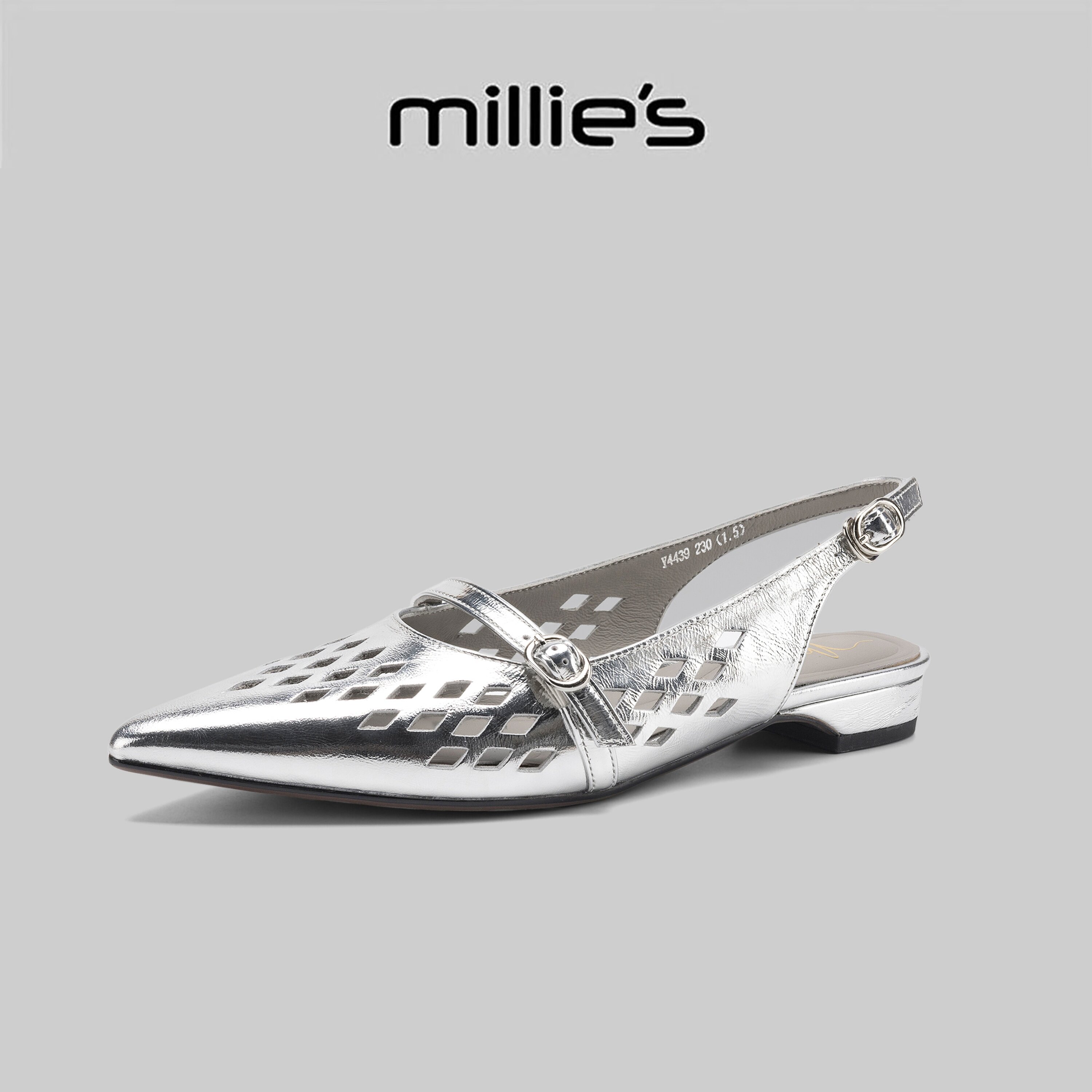 MILLIE'S/妙丽银色镂空尖头平底凉鞋女夏季后空一字带扣舒适凉鞋
