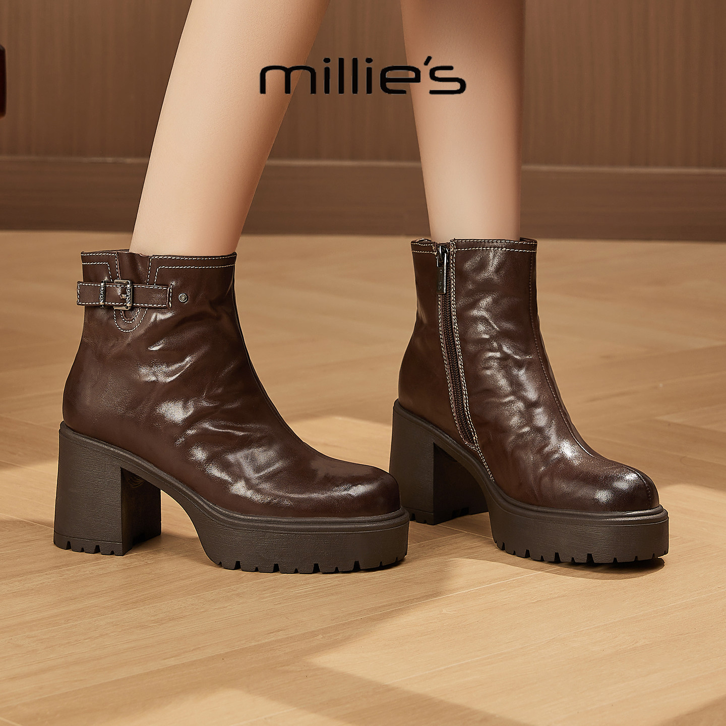 MILLIE'S/妙丽2026新款时尚百搭女士厚底增高马丁靴系带休闲短靴