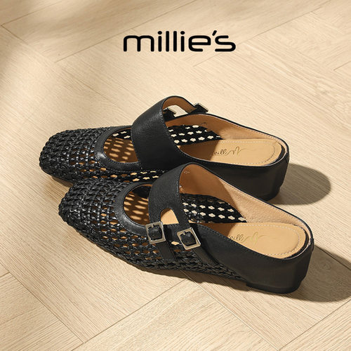 MILLIE'S/妙丽方头平跟法式复古风镂空轻奢简约百搭时尚休闲凉鞋