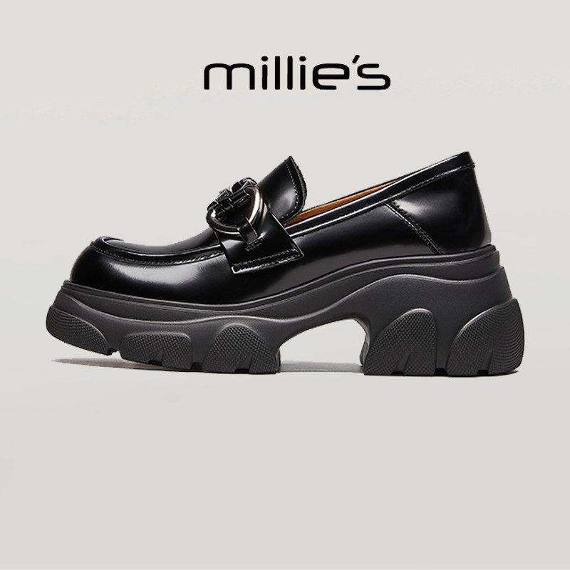 millies妙丽 时尚百搭浅口单鞋春季女圆头厚底爱心金属塔扣设计感