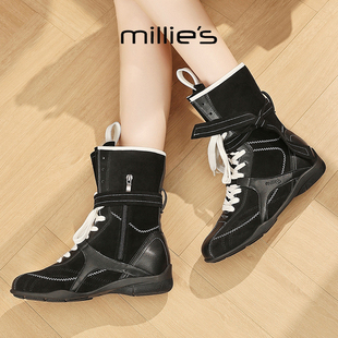 MILLIE'S/妙丽2025新款复古英伦风厚底户外靴女款配裙子增高靴