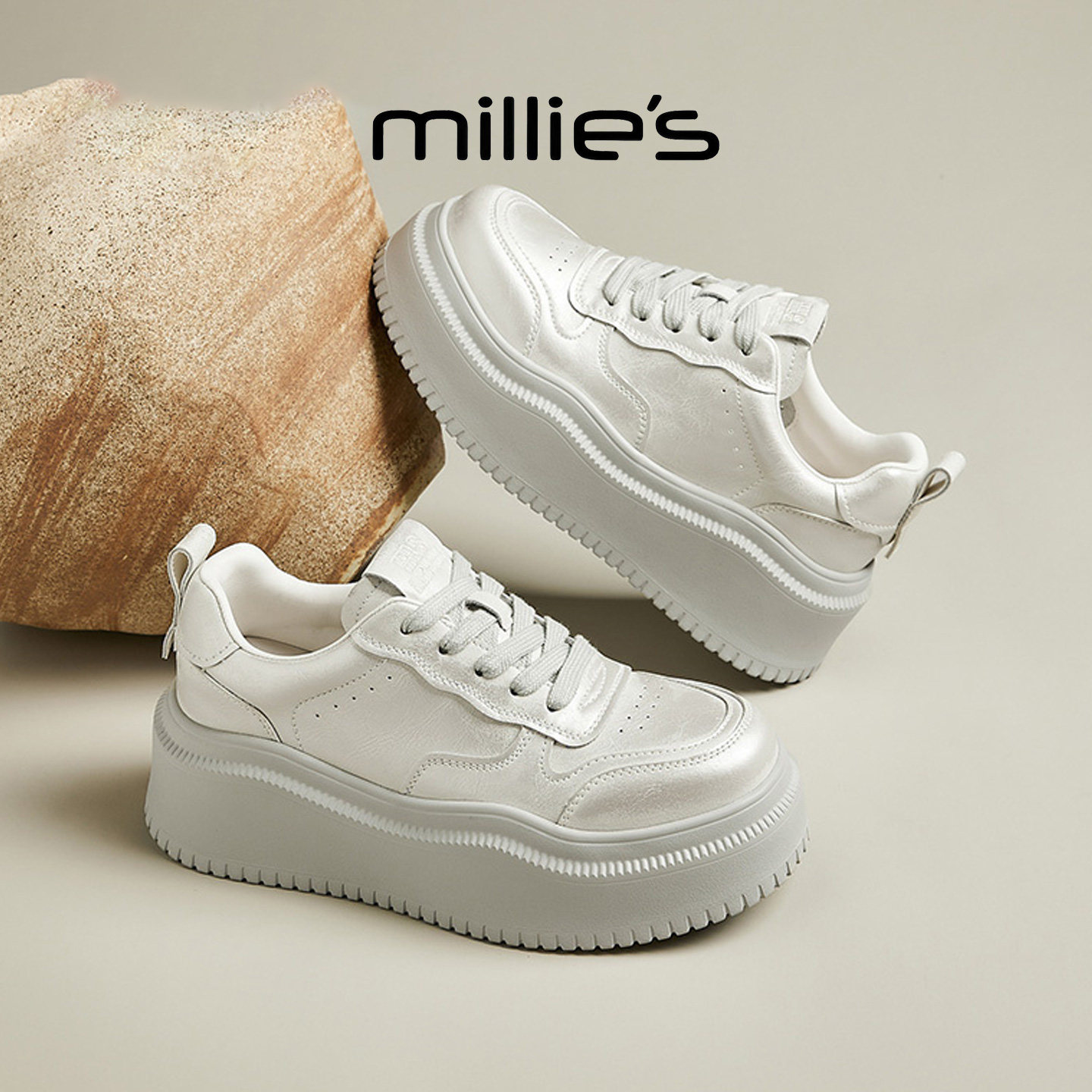 MILLIE'S/妙丽厚底增高白色休闲老爹鞋女珍珠小白鞋显腿长松糕鞋