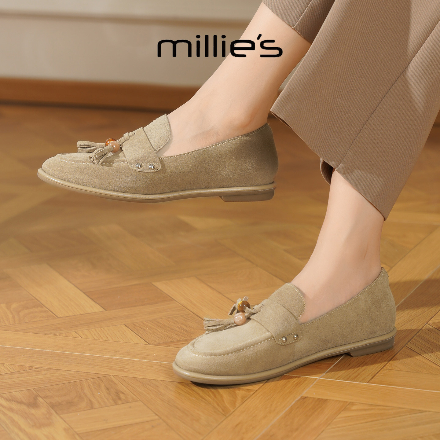 MILLIE'S/妙丽2025新款复古百搭休闲日常通勤德训鞋英伦风女平底,女鞋,德训鞋,淘宝优惠券,粉丝福利购,淘宝优惠卷