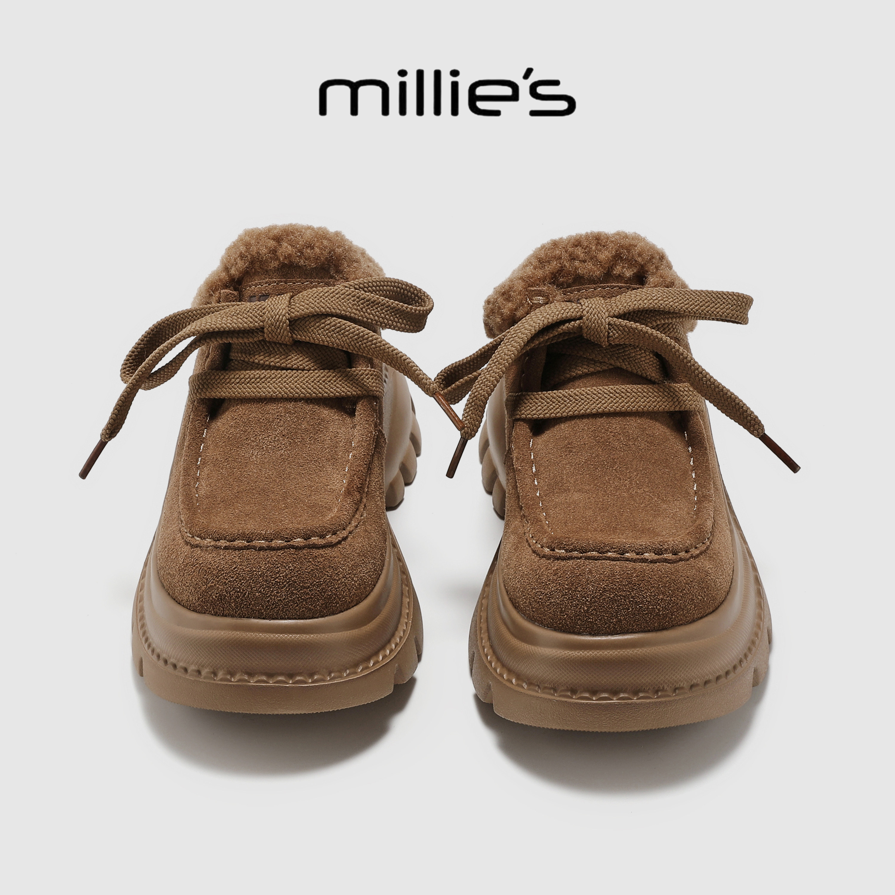 MILLIE'S/妙丽秋冬反绒皮包头拖女厚底系带毛绒内里棕色外穿拖鞋