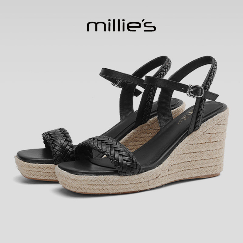 MILLIE'S/妙丽方头编织坡跟时尚百搭舒适透气不累脚休闲凉鞋女鞋