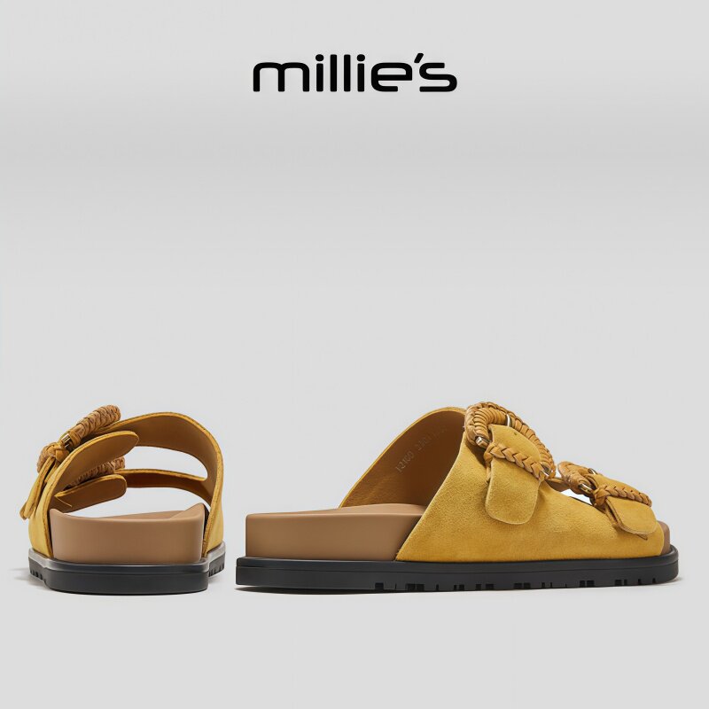 MILLIE'S/妙丽爆款露趾勃肯凉鞋女夏外穿黄色复古风厚底休闲拖鞋