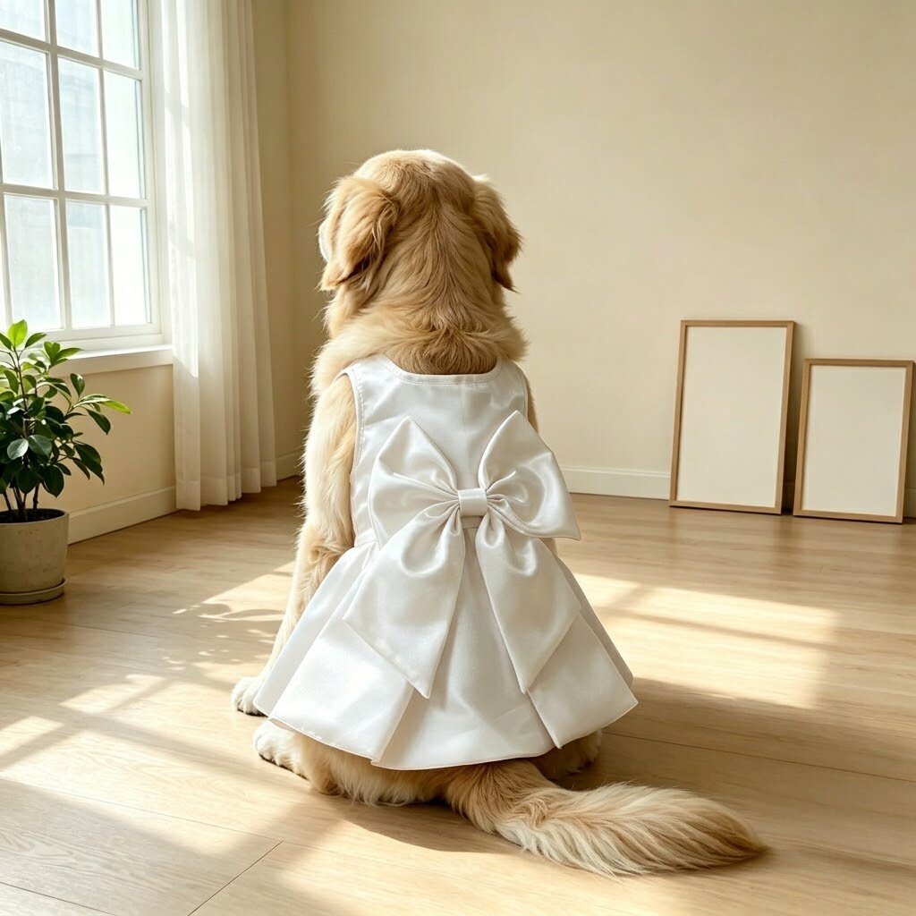 缎面礼服裙后背超大立体蝴蝶结金毛拉布拉多中大型犬婚纱公主裙
