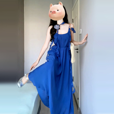 法式高级感蓝色吊带连衣