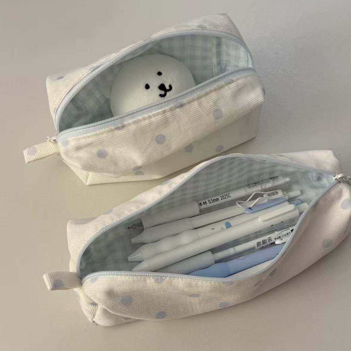 简约韩系ins风奶油白波点笔袋学生高颜值大容量文具收纳袋铅笔袋