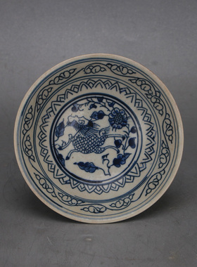 新品明青花麒麟高足果盘古董古玩仿古瓷器全手工绘画古典家居装饰