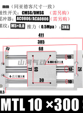 亚德客型磁耦合无杆气缸RMTL10/16/20/25/32/40*100200x300X50S