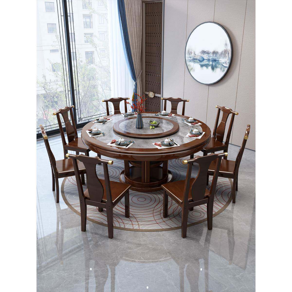 新家中式717岩板餐桌椅组合大圆桌实木餐桌现包代简用约酒店厢圆