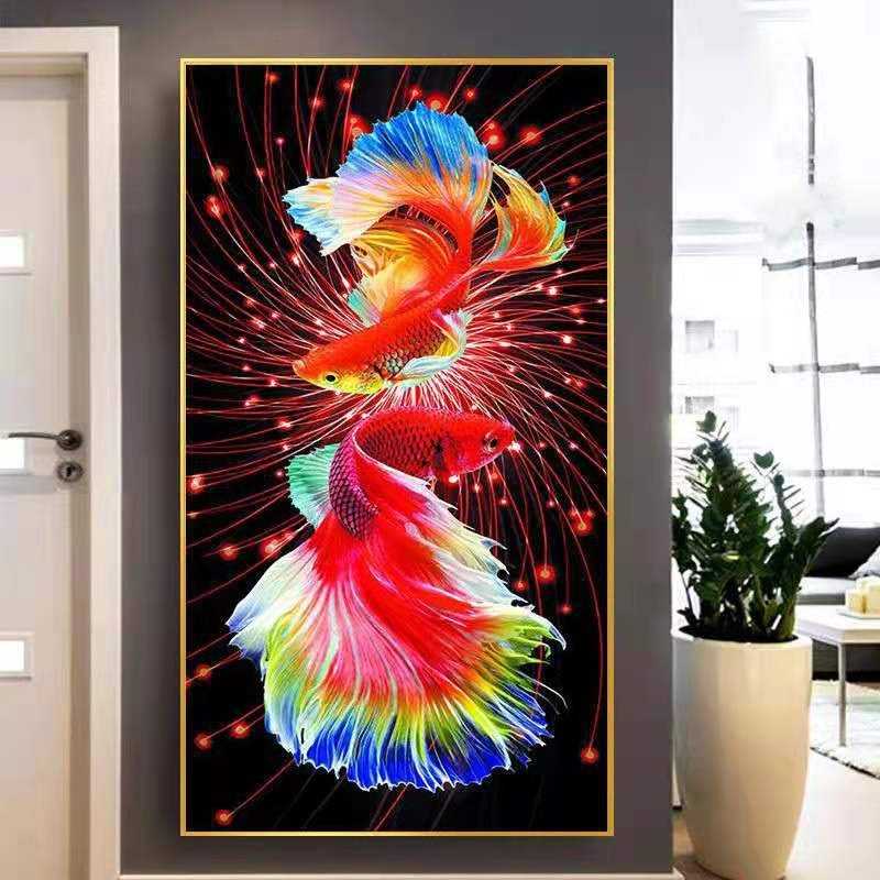 新款直销5d钻石画满钻石绣客厅竖版玄关鲤鱼跃龙门锦鲤十字绣砖石