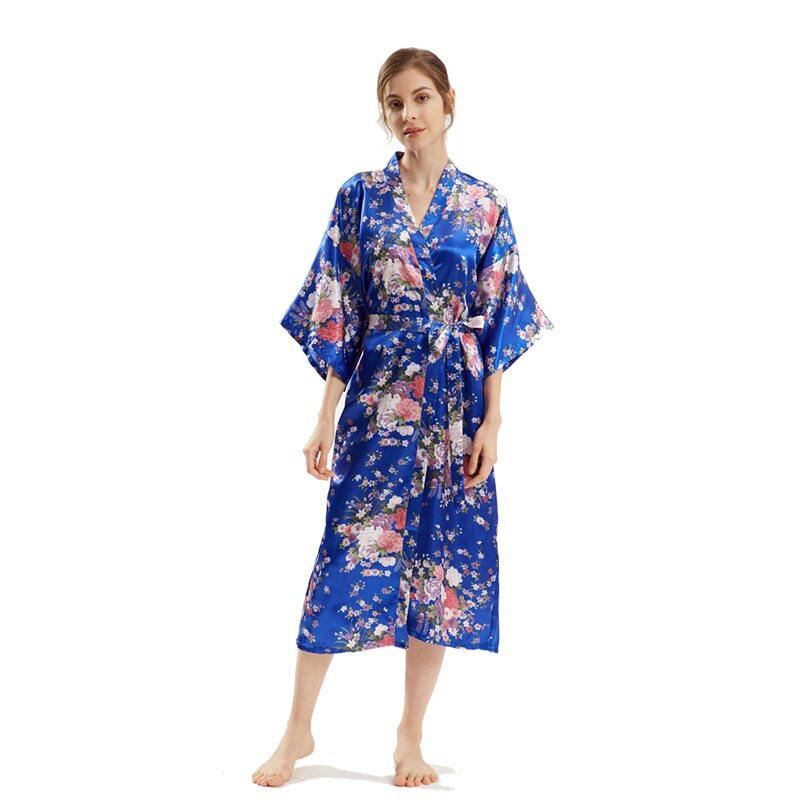 新款直销春夏季中袖长款仿真丝绸睡袍女士碎花薄款件和服开衫浴袍