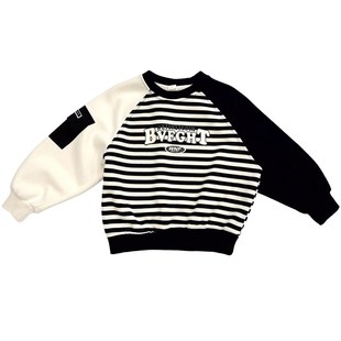 中小童春秋季 新款 洋气条纹上衣潮 男童撞色圆领卫衣2024春装 AB袖