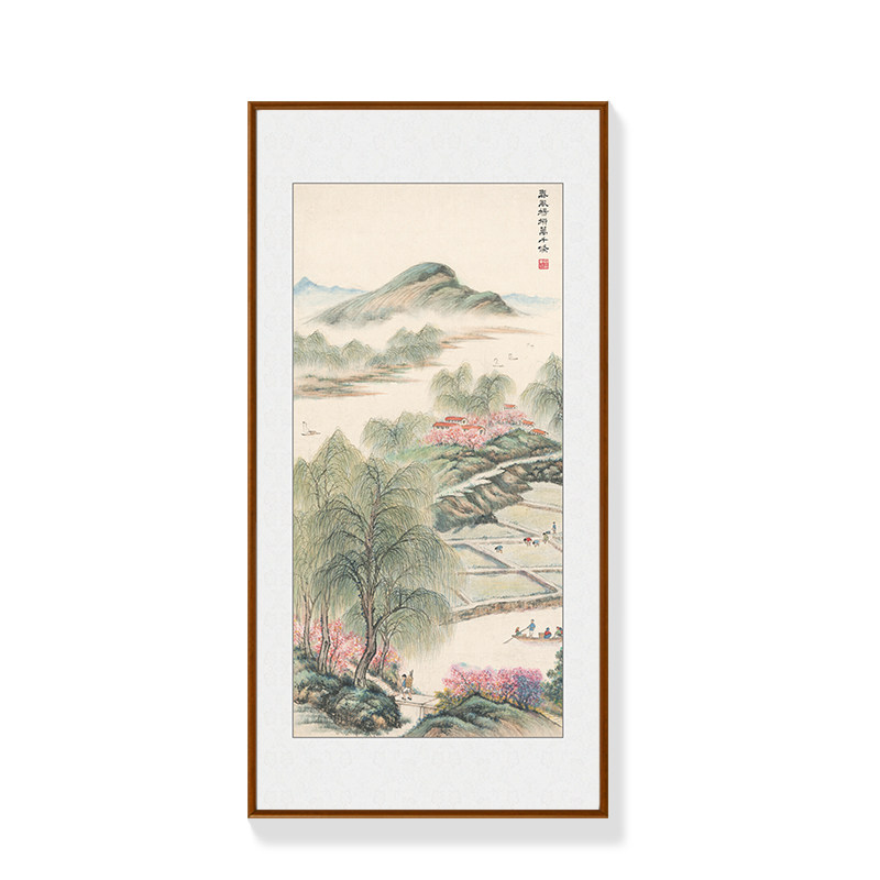 傅抱石山水画新中式玄关装饰画走廊过道进门挂画竖版春天风景壁画