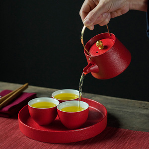 贰奇悦心红色陶瓷功夫茶具礼盒装提梁壶茶杯结婚礼家用泡茶壶套装