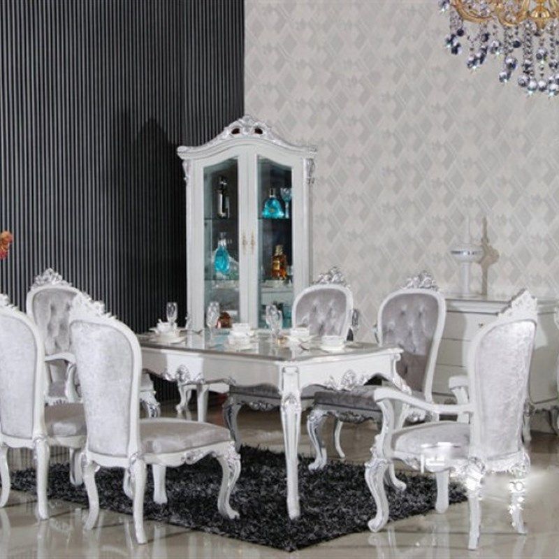 新古典实木长餐桌组合 欧式简约白色烤漆餐桌 订做酒桌饭桌银箔