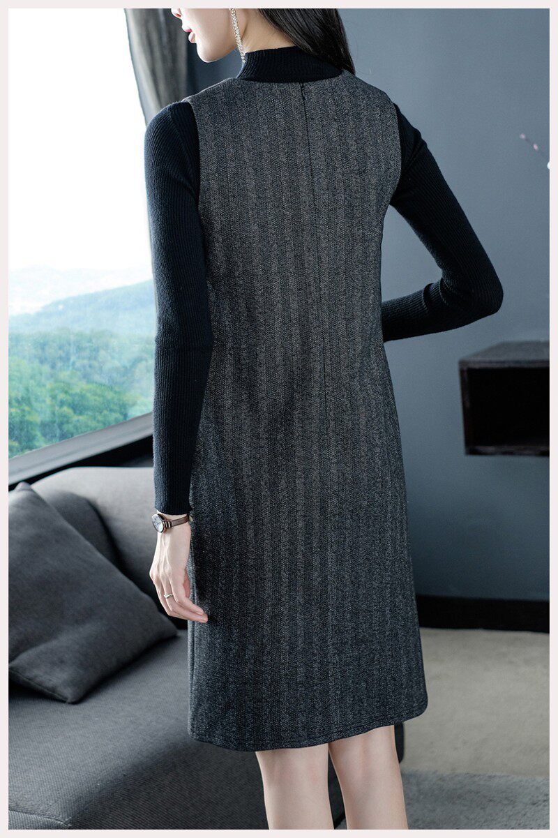 时尚简约套装背心裙2021秋冬新款背带裙无袖马甲裙毛呢打底连衣裙