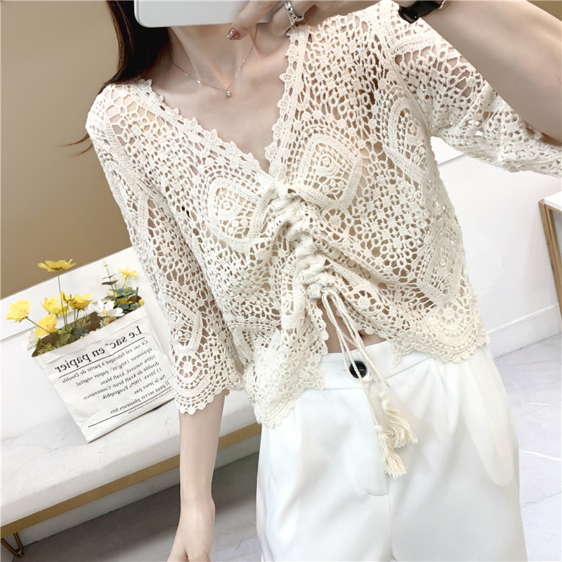 镂空V领七分袖针织衫女春夏薄款宽松短款套头抽绳防晒罩衫上衣
